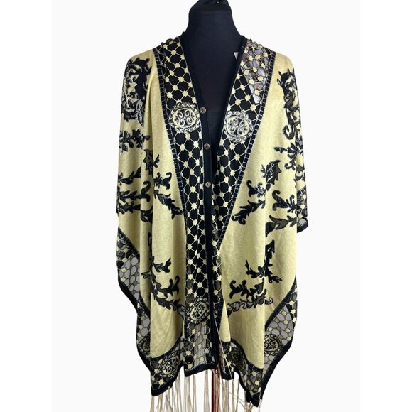 Black Tan 7-Way Scarf Poncho Top Metallic Threading  Fringe By Kokomo Unlimited - Picture 3 of 12